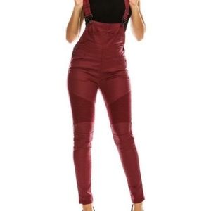Burgundy women’s moto wax denim overalls